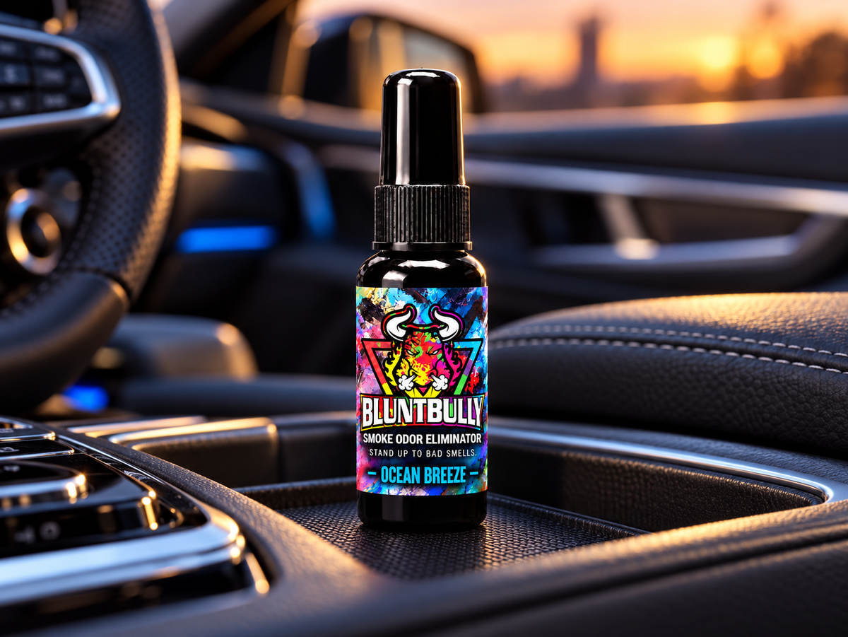 BluntBully ocean breeze smoke odor eliminator spray in a car setting