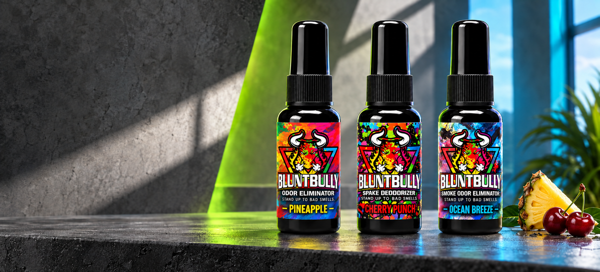BluntBully Pineapple Odor Eliminator, Cherry Punch Space Deodorizer, Ocean Breeze Smoke Odor Eliminator with current bottle packaging