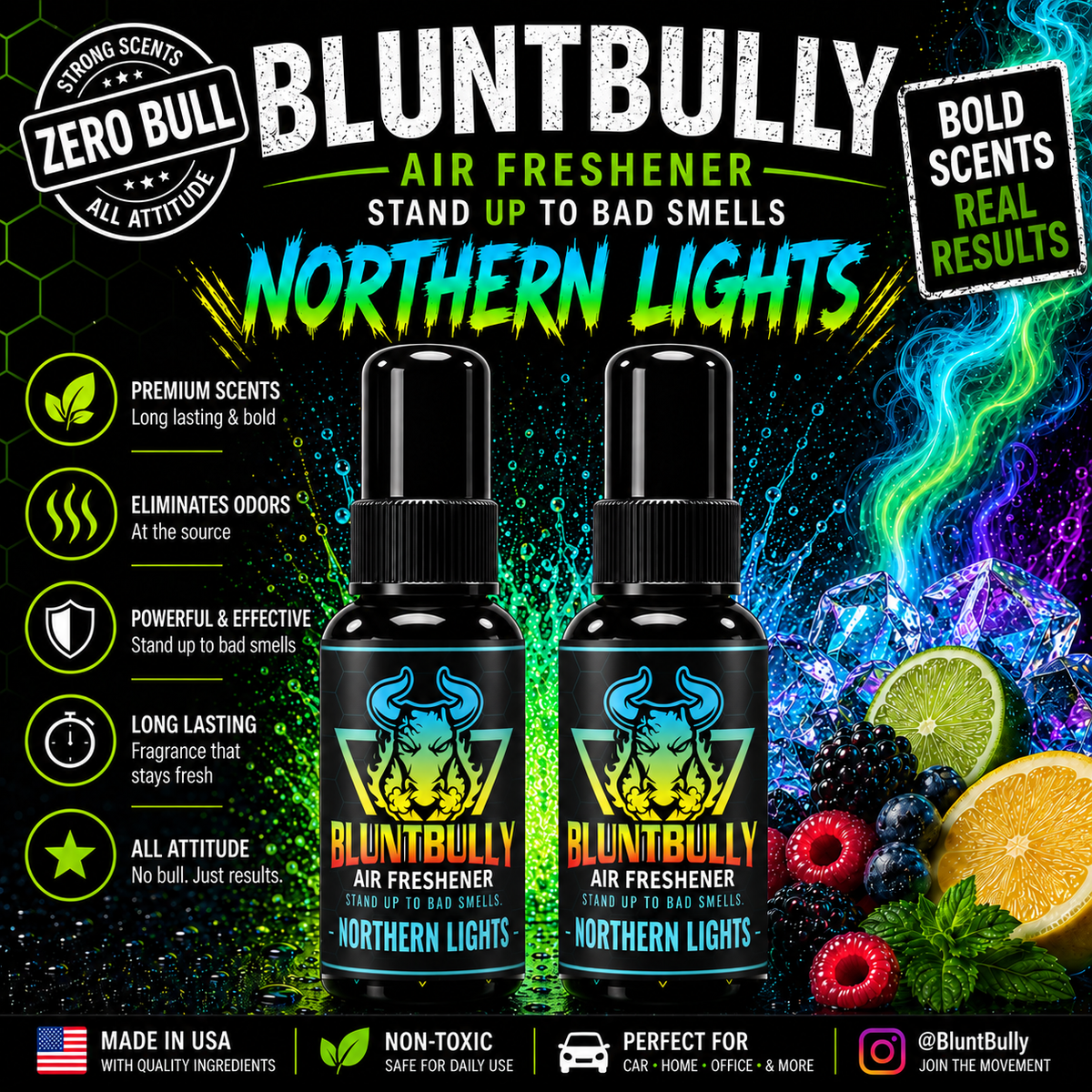 BluntBully Northern Lights air freshener illustrated scent card with individual scent label on the bottles