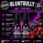 BluntBully Forbidden Fruit air freshener illustrated scent card with individual scent label on the bottles