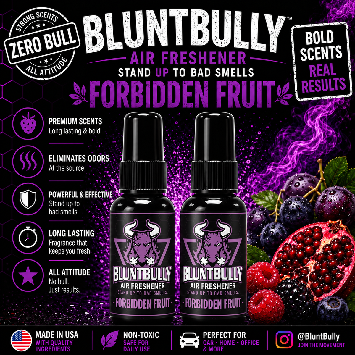 BluntBully Forbidden Fruit air freshener illustrated scent card with individual scent label on the bottles