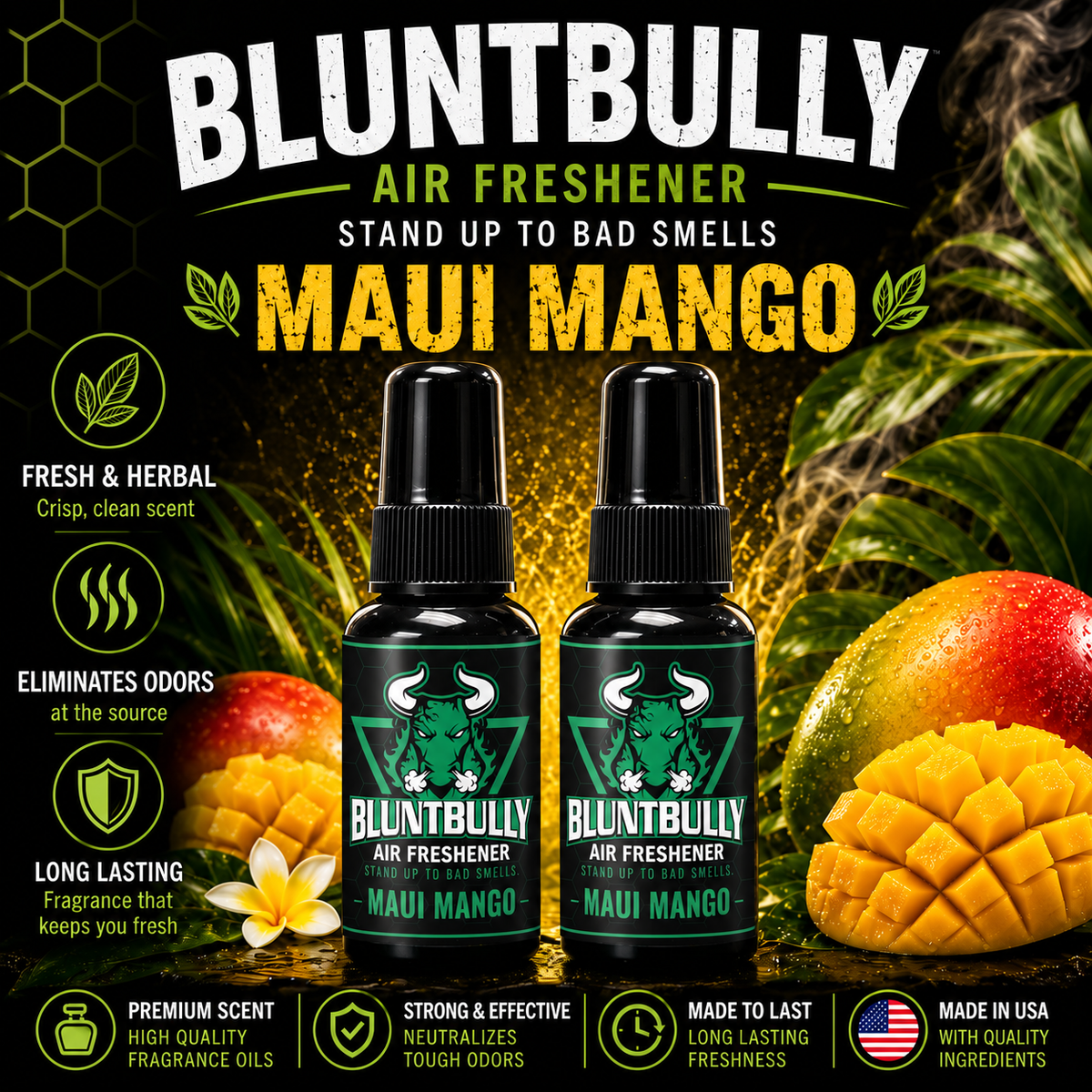 BluntBully Maui Mango air freshener illustrated scent card with individual scent label on the bottles