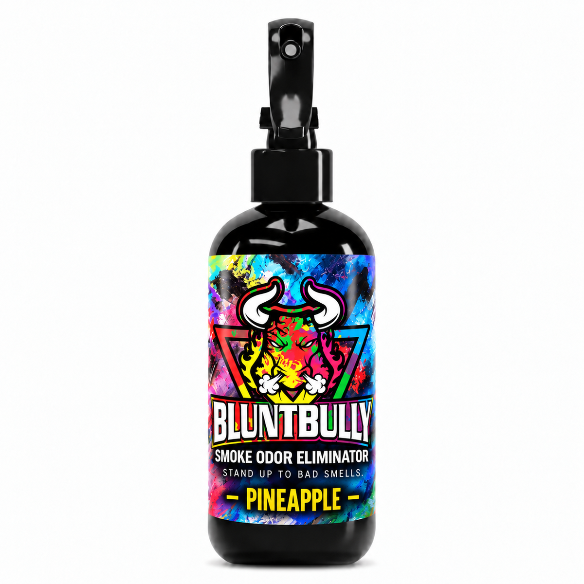 BluntBully PINEAPPLE SMOKE ODOR ELIMINATOR, 8 oz bottle, with colorful bull and premium label