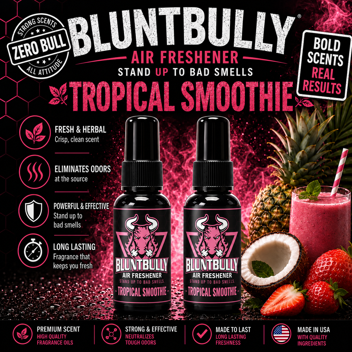 BluntBully Tropical Smoothie air freshener illustrated scent card with individual scent label on the bottles
