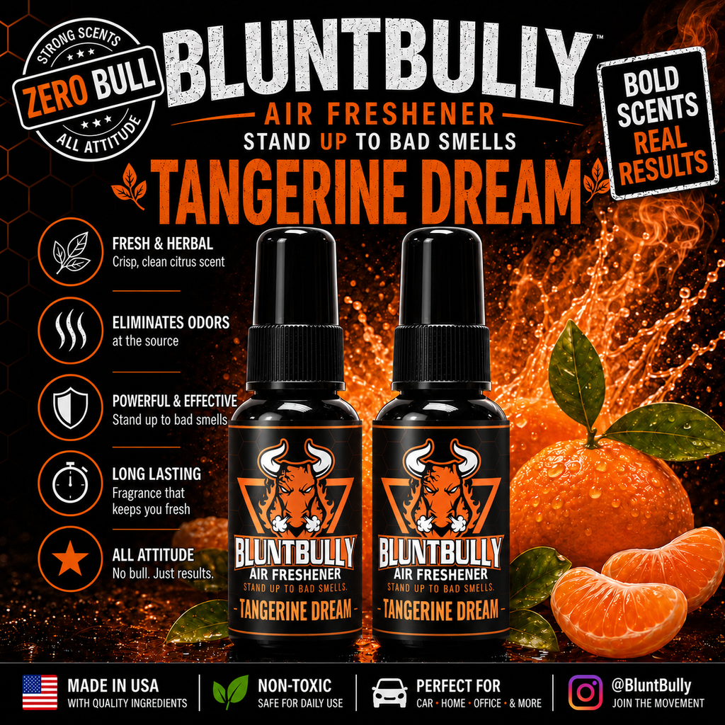 BluntBully Tangerine Dream air freshener illustrated scent card with individual scent label on the bottles