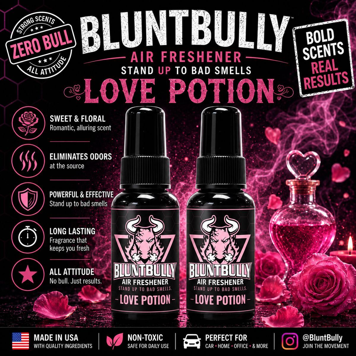 BluntBully Love Potion air freshener illustrated scent card with individual scent label on the bottles