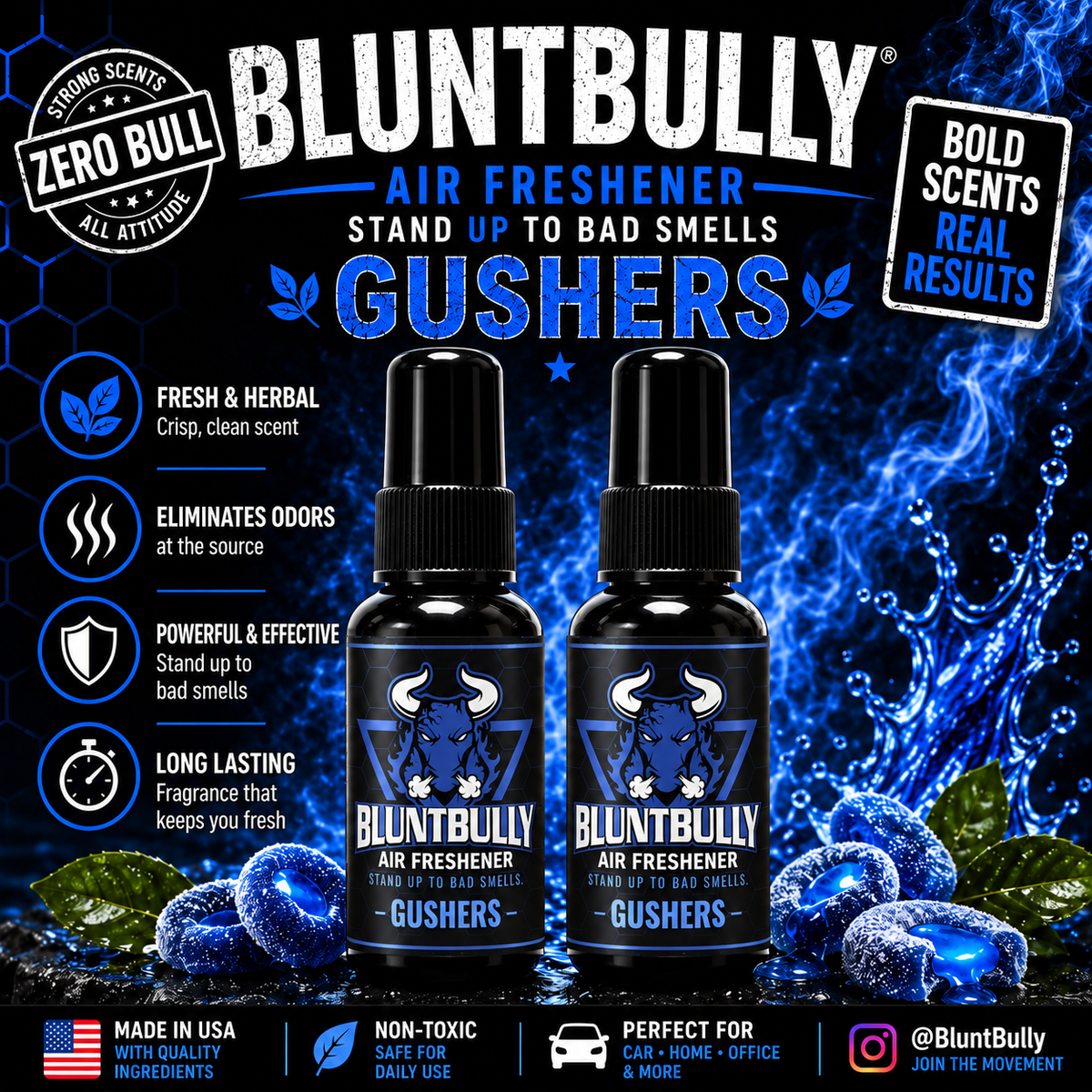 BluntBully Gushers air freshener illustrated scent card with individual scent label on the bottles
