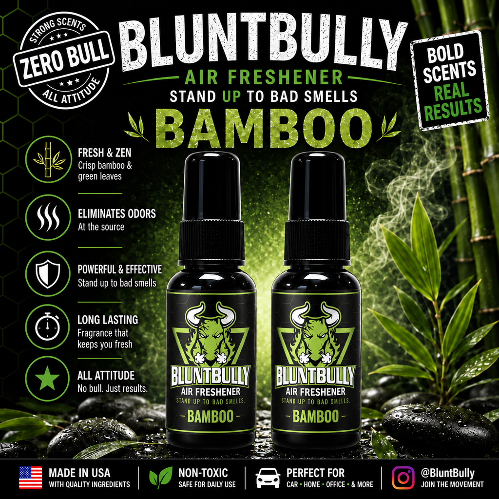 BluntBully Bamboo air freshener illustrated scent card with individual scent label on the bottles