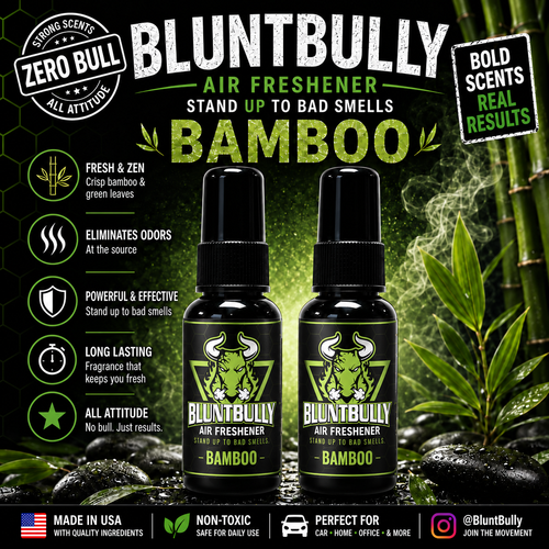 BluntBully Bamboo air freshener illustrated scent card with individual scent label on the bottles