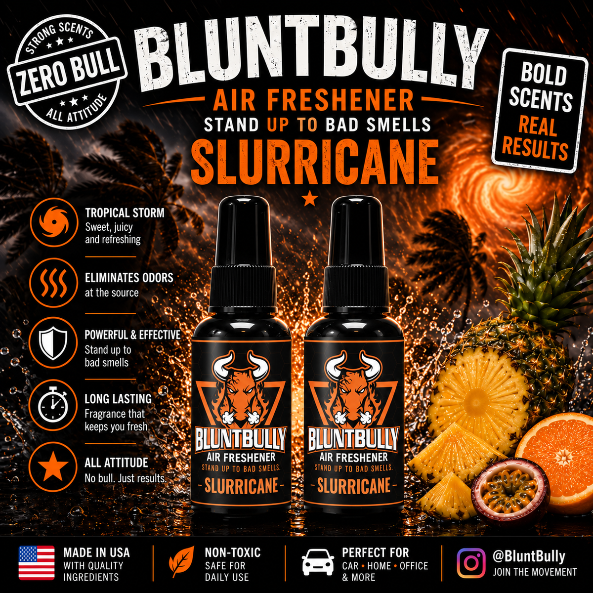 BluntBully Slurricane air freshener illustrated scent card with individual scent label on the bottles