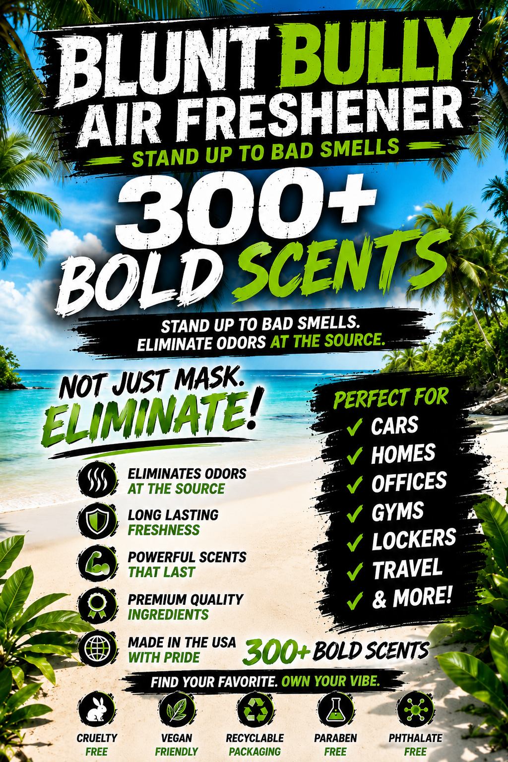 BluntBully air freshener brand overview showing fragrance features and suggested spaces