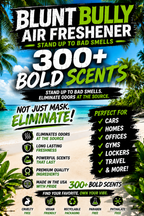 BluntBully air freshener brand overview showing fragrance features and suggested spaces