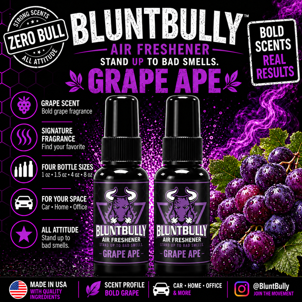 BluntBully Grape Ape air freshener illustrated scent card with individual scent label on the bottles