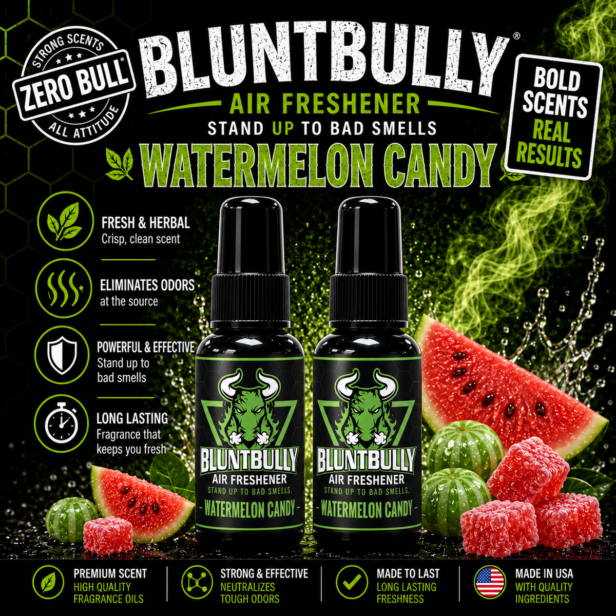 BluntBully Watermelon Candy air freshener illustrated scent card with individual scent label on the bottles