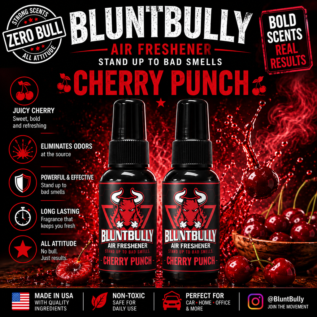 BluntBully Cherry Punch air freshener illustrated scent card with individual scent label on the bottles