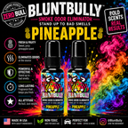 BluntBully PINEAPPLE SMOKE ODOR ELIMINATOR scent card featuring updated colorful bull label bottles