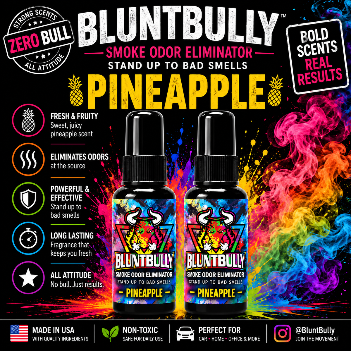 BluntBully PINEAPPLE SMOKE ODOR ELIMINATOR scent card featuring updated colorful bull label bottles