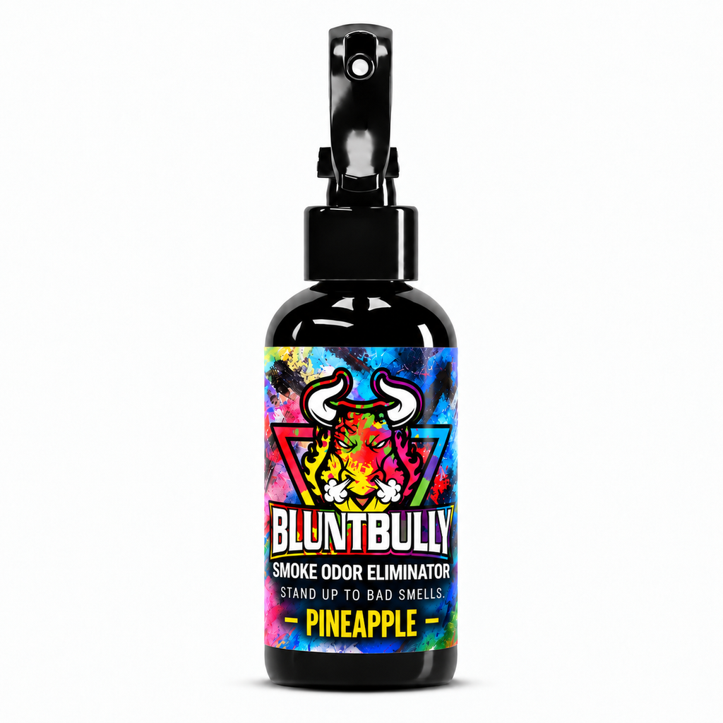 BluntBully PINEAPPLE SMOKE ODOR ELIMINATOR, 4 oz bottle, with colorful bull and premium label