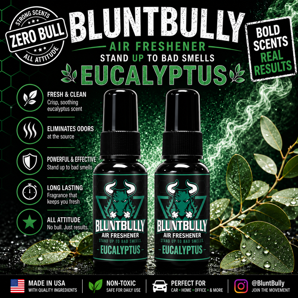 BluntBully Eucalyptus air freshener illustrated scent card with individual scent label on the bottles