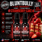 BluntBully Strawberry Cake air freshener illustrated scent card with individual scent label on the bottles