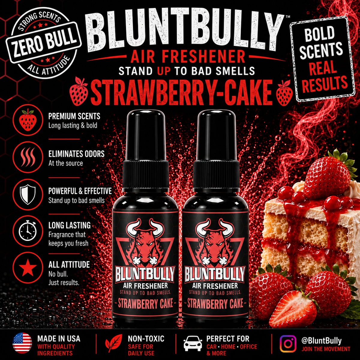 BluntBully Strawberry Cake air freshener illustrated scent card with individual scent label on the bottles