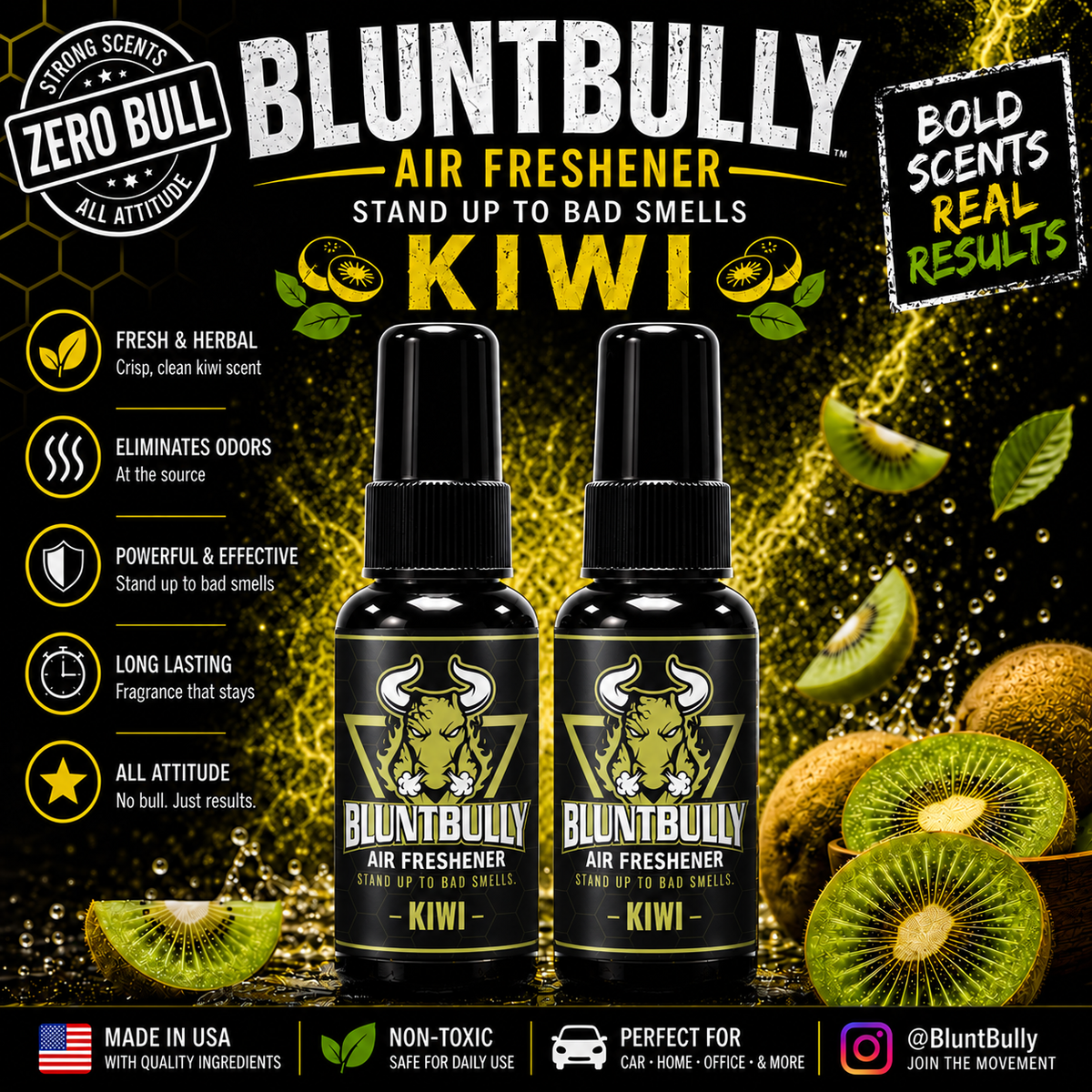 BluntBully Kiwi air freshener illustrated scent card with individual scent label on the bottles