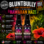 BluntBully Hawaiian Haze air freshener illustrated scent card with individual scent label on the bottles