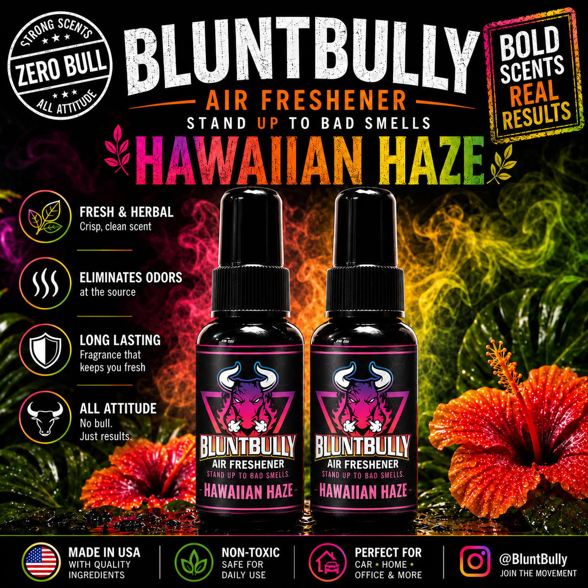 BluntBully Hawaiian Haze air freshener illustrated scent card with individual scent label on the bottles
