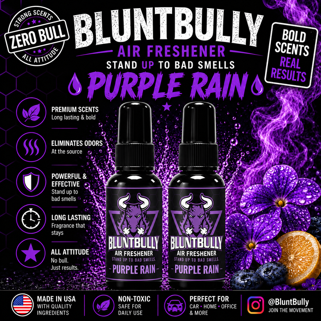 BluntBully Purple Rain air freshener illustrated scent card with individual scent label on the bottles