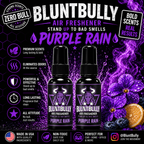 BluntBully Purple Rain air freshener illustrated scent card with individual scent label on the bottles