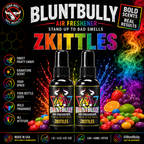 BluntBully Zkittles air freshener illustrated scent card with individual scent label on the bottles