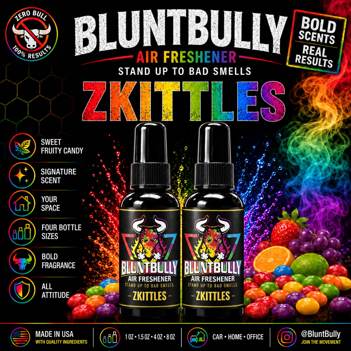 BluntBully Zkittles air freshener illustrated scent card with individual scent label on the bottles