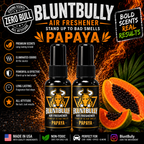 BluntBully Papaya air freshener illustrated scent card with individual scent label on the bottles