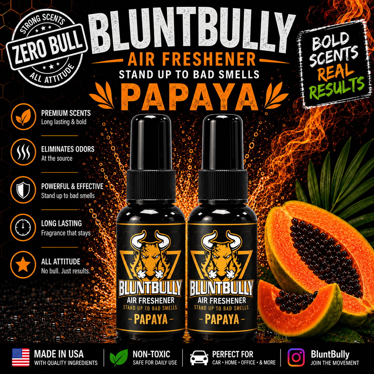 BluntBully Papaya air freshener illustrated scent card with individual scent label on the bottles