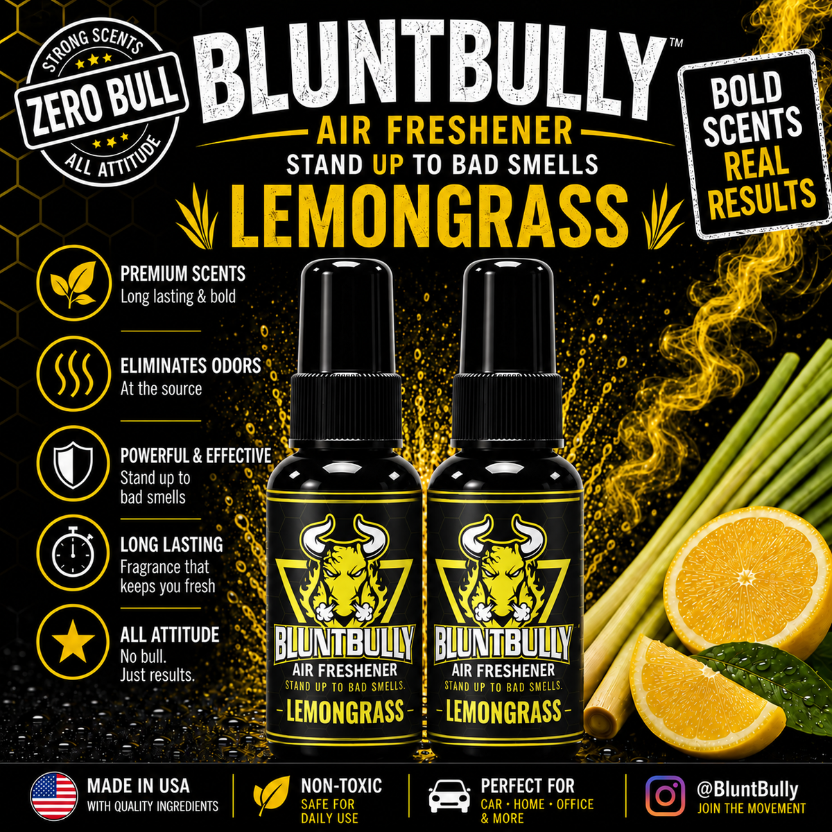 BluntBully Lemongrass air freshener illustrated scent card with individual scent label on the bottles