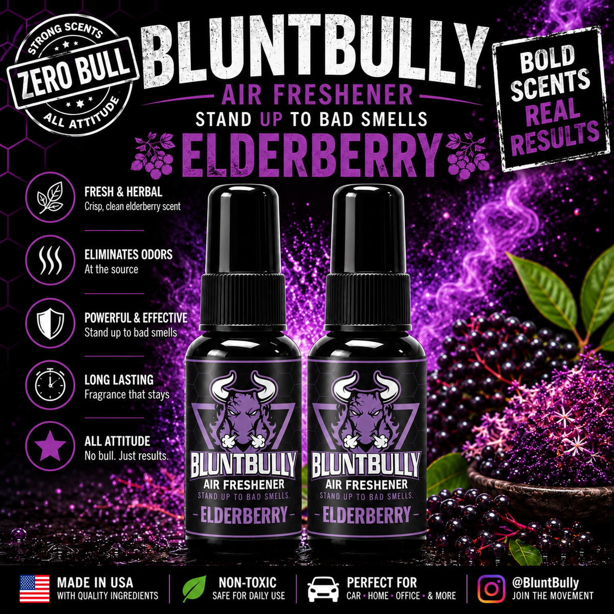 BluntBully Elderberry air freshener illustrated scent card with individual scent label on the bottles