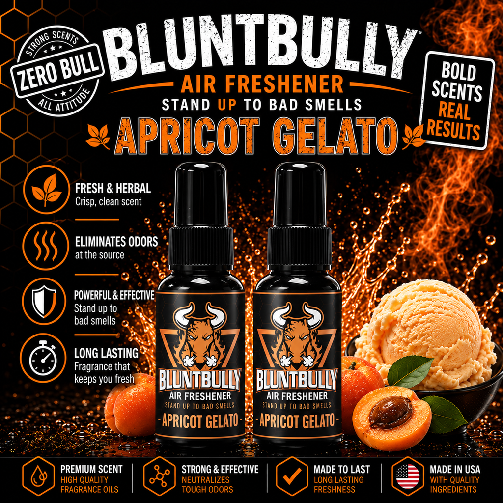 BluntBully Apricot Gelato air freshener illustrated scent card with individual scent label on the bottles