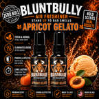 BluntBully Apricot Gelato air freshener illustrated scent card with individual scent label on the bottles