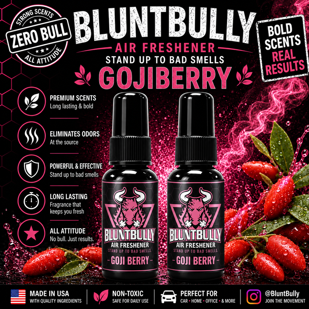 BluntBully Goji Berry air freshener illustrated scent card with individual scent label on the bottles