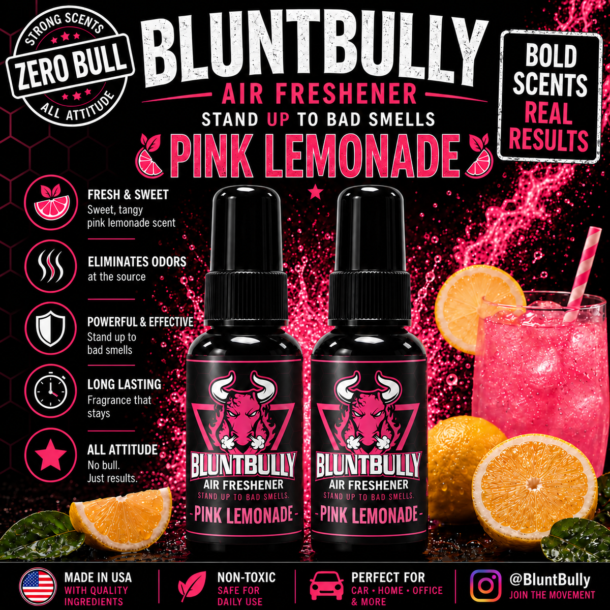 BluntBully Pink Lemonade air freshener illustrated scent card with individual scent label on the bottles