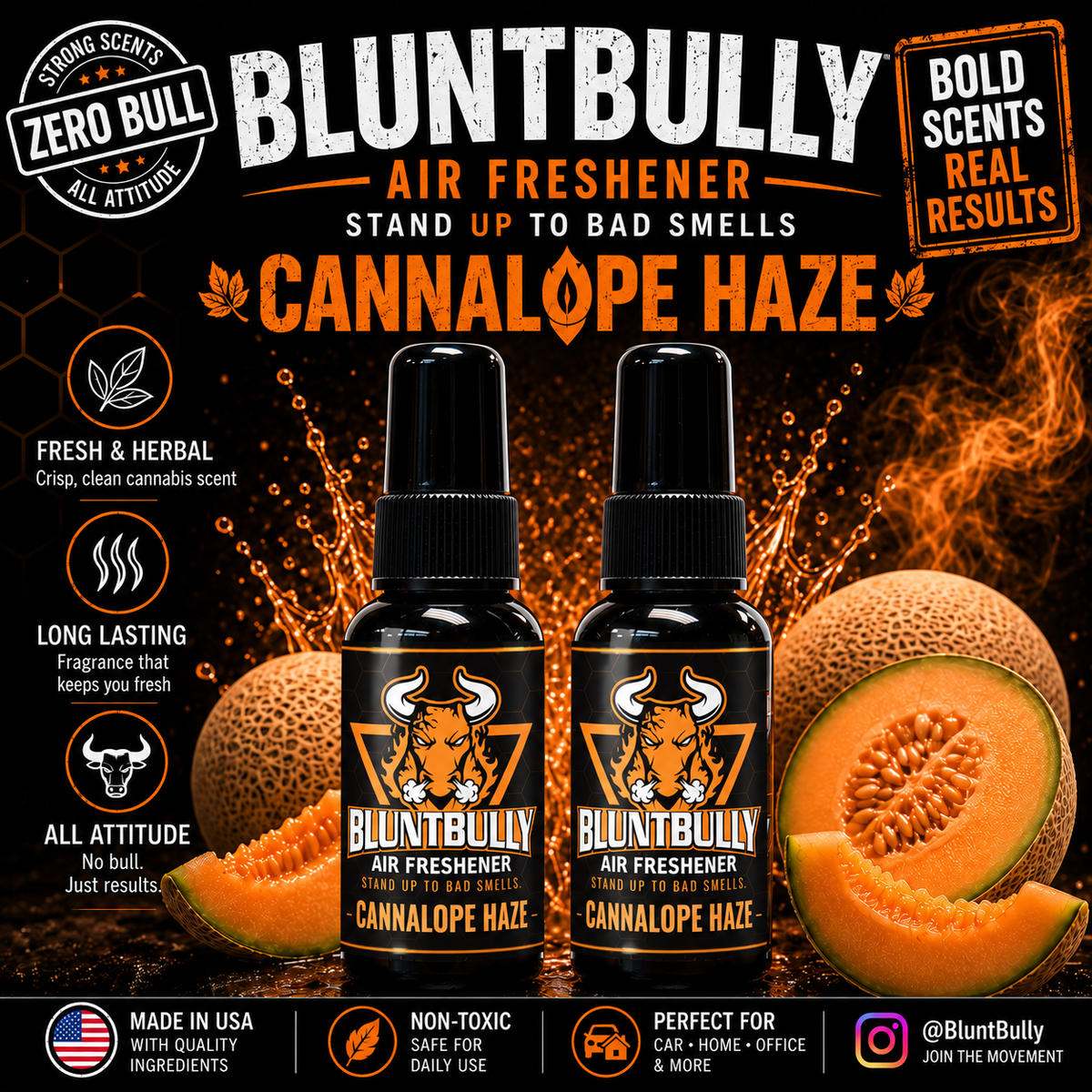 BluntBully Cannalope Haze air freshener illustrated scent card with individual scent label on the bottles
