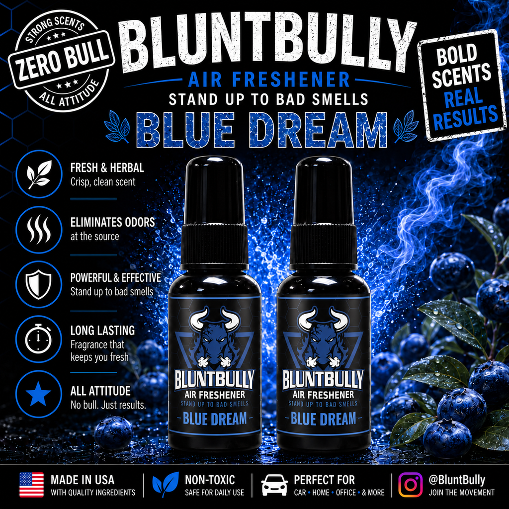BluntBully Blue Dream air freshener illustrated scent card with individual scent label on the bottles