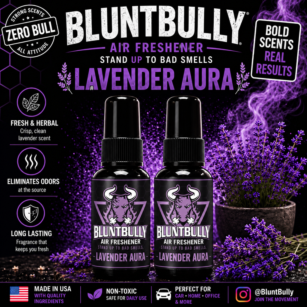 BluntBully Lavender Aura air freshener illustrated scent card with individual scent label on the bottles