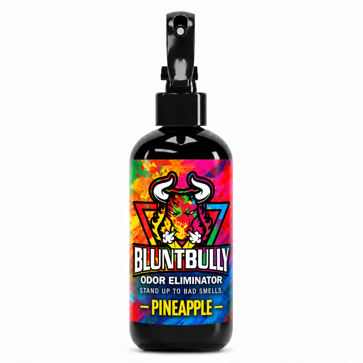 BluntBully PINEAPPLE ODOR ELIMINATOR, 8 oz bottle, with colorful bull and premium label