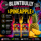 BluntBully PINEAPPLE ODOR ELIMINATOR scent card featuring updated colorful bull label bottles