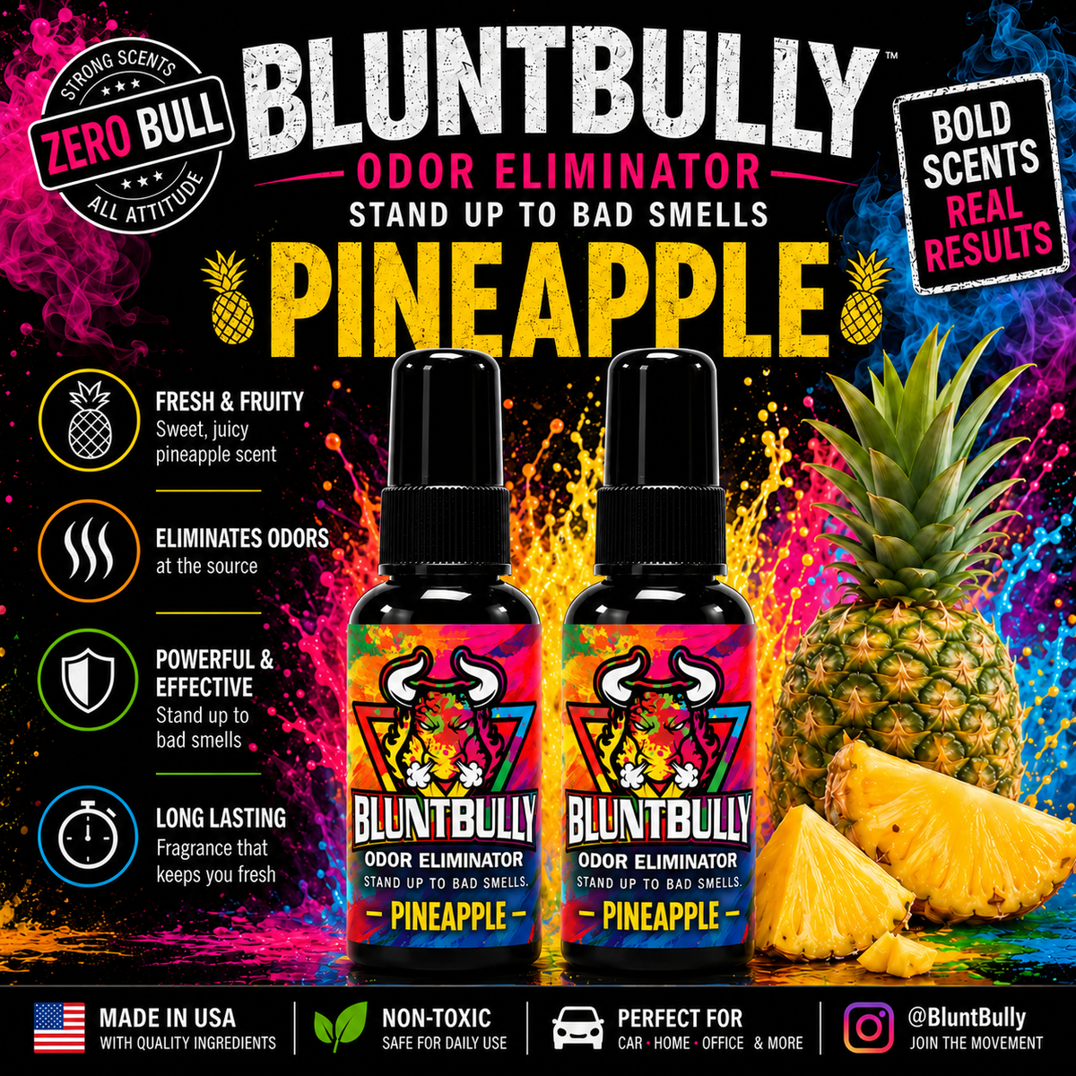 BluntBully PINEAPPLE ODOR ELIMINATOR scent card featuring updated colorful bull label bottles