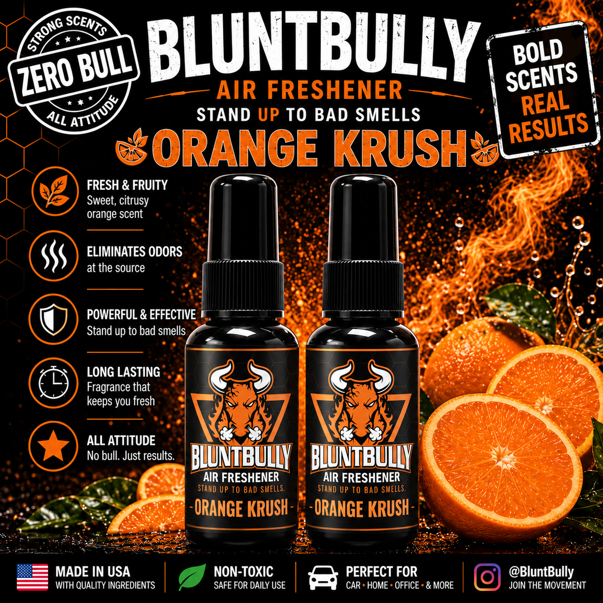 BluntBully Orange Krush air freshener illustrated scent card with individual scent label on the bottles