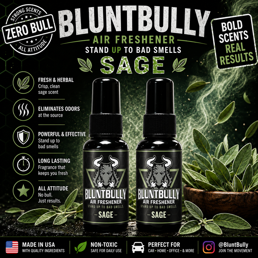 BluntBully Sage air freshener illustrated scent card with individual scent label on the bottles