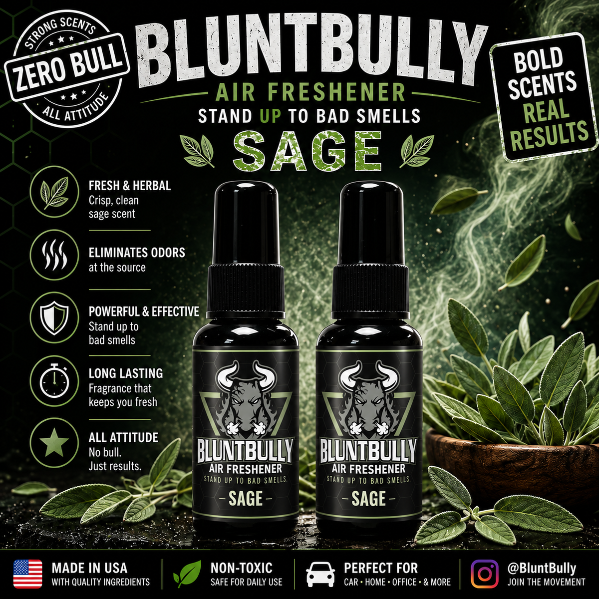 BluntBully Sage air freshener illustrated scent card with individual scent label on the bottles