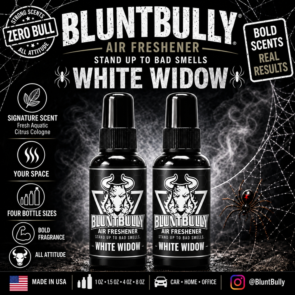 BluntBully White Widow air freshener illustrated scent card with individual scent label on the bottles
